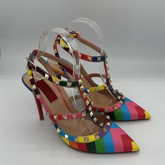 Valentino Garavani 1973 Rainbow Chevron Rockstud T-Strap Heels EU37.5/ US 7.5 - Picture 4 of 16